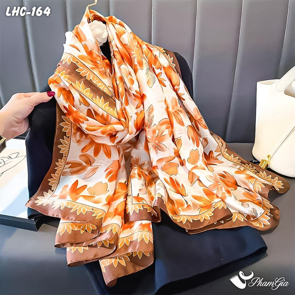 Khăn Choàng Lụa Hàng Châu Họa Tiết Hoa Lá Màu Cam Đất Tinh Tế