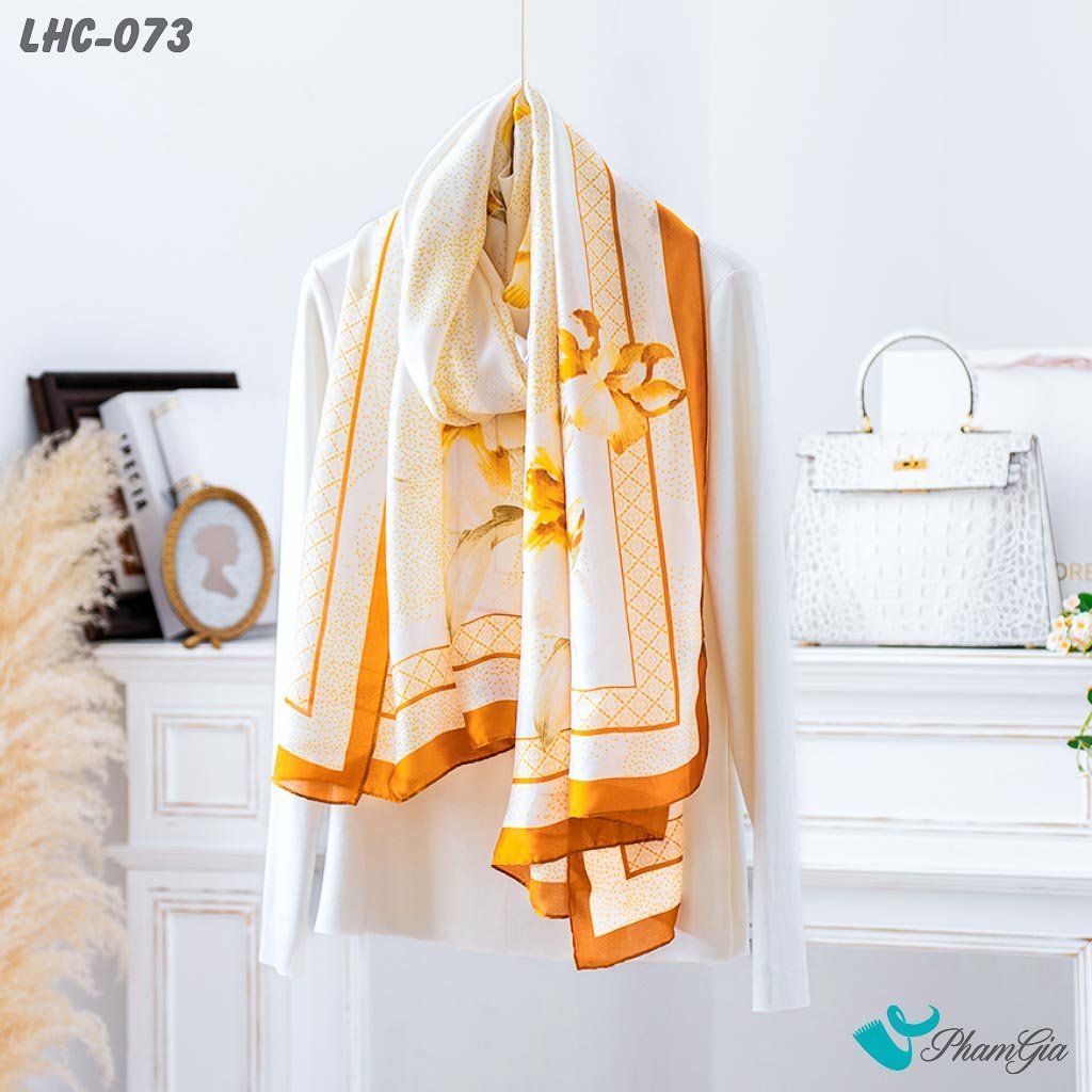 Khăn Choàng Lụa Hàng Châu Họa Tiết Hoa Lily Màu Cam Đất Trang Nhã (LHC073)