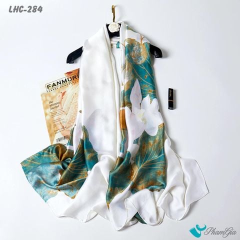 Khăn Choàng Lụa Hàng Châu Họa Tiết Hoa Sen Trắng