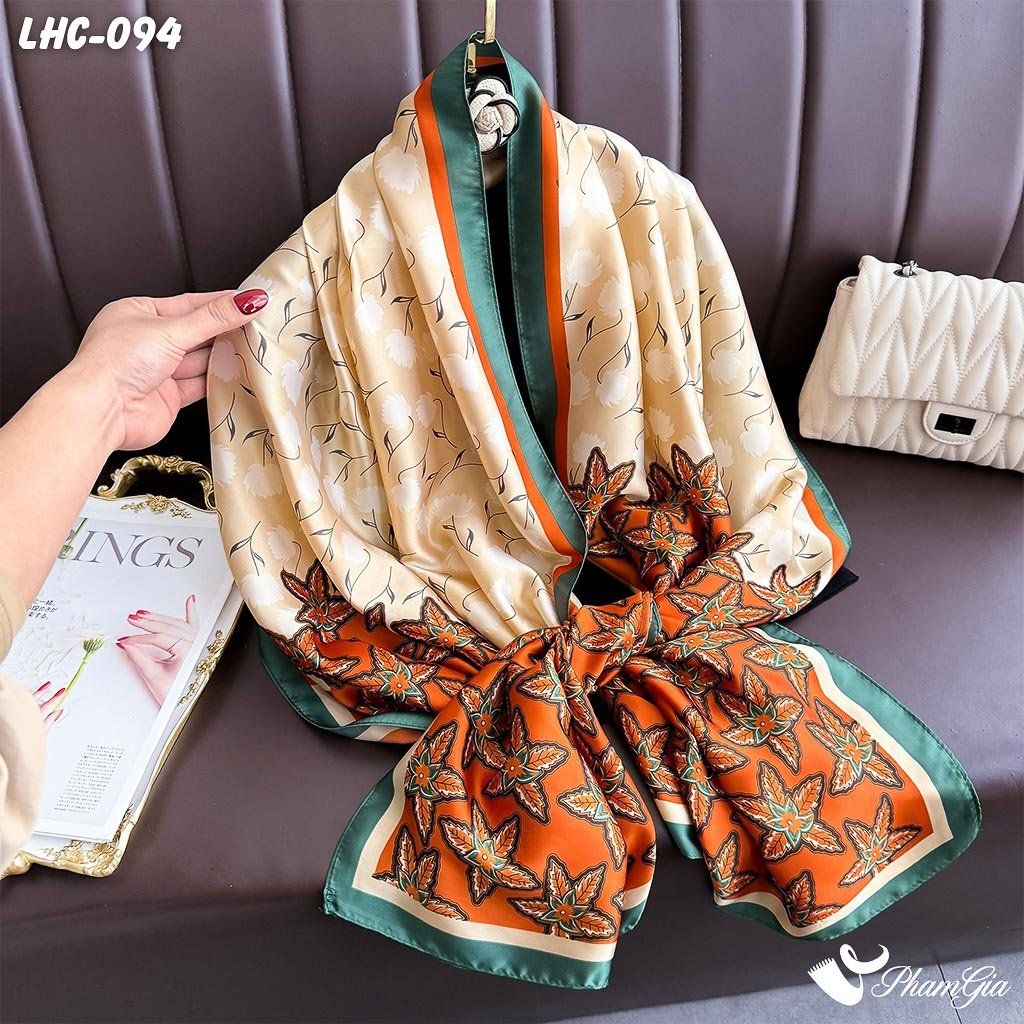 Khăn Choàng Lụa Hàng Châu Họa Tiết Lá Mùa Thu Màu Cam Thanh Lịch (LHC094)