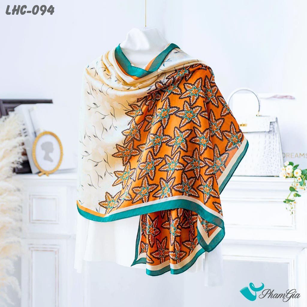 Khăn Choàng Lụa Hàng Châu Họa Tiết Lá Mùa Thu Màu Cam Thanh Lịch (LHC094)