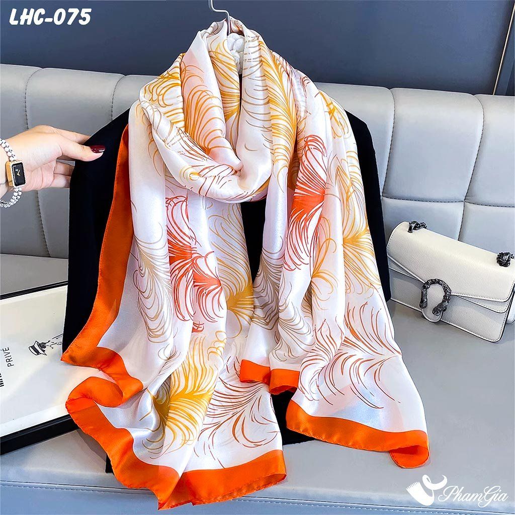 Khăn Choàng Lụa Hàng Châu Họa Tiết Lông Vũ Màu Cam Nổi Bật (LHC075)