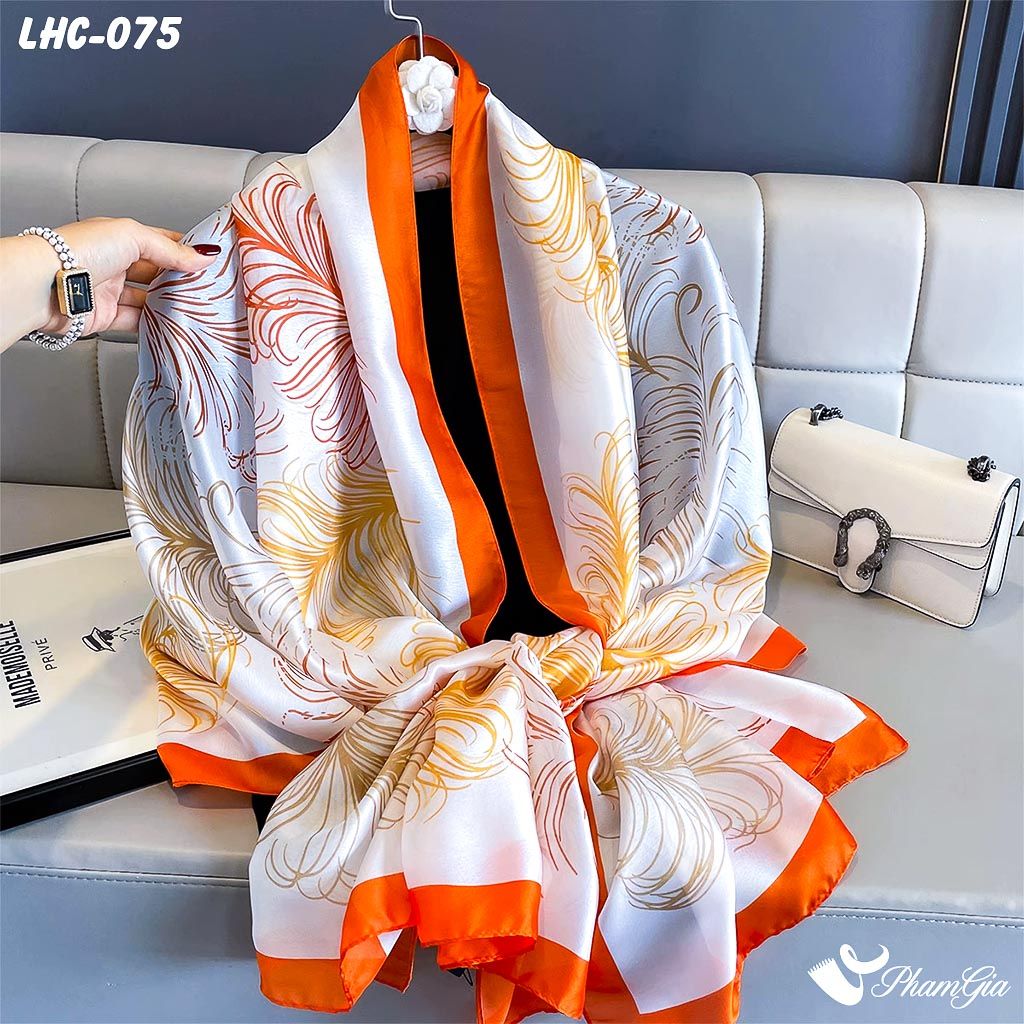 Khăn Choàng Lụa Hàng Châu Họa Tiết Lông Vũ Màu Cam Nổi Bật (LHC075)