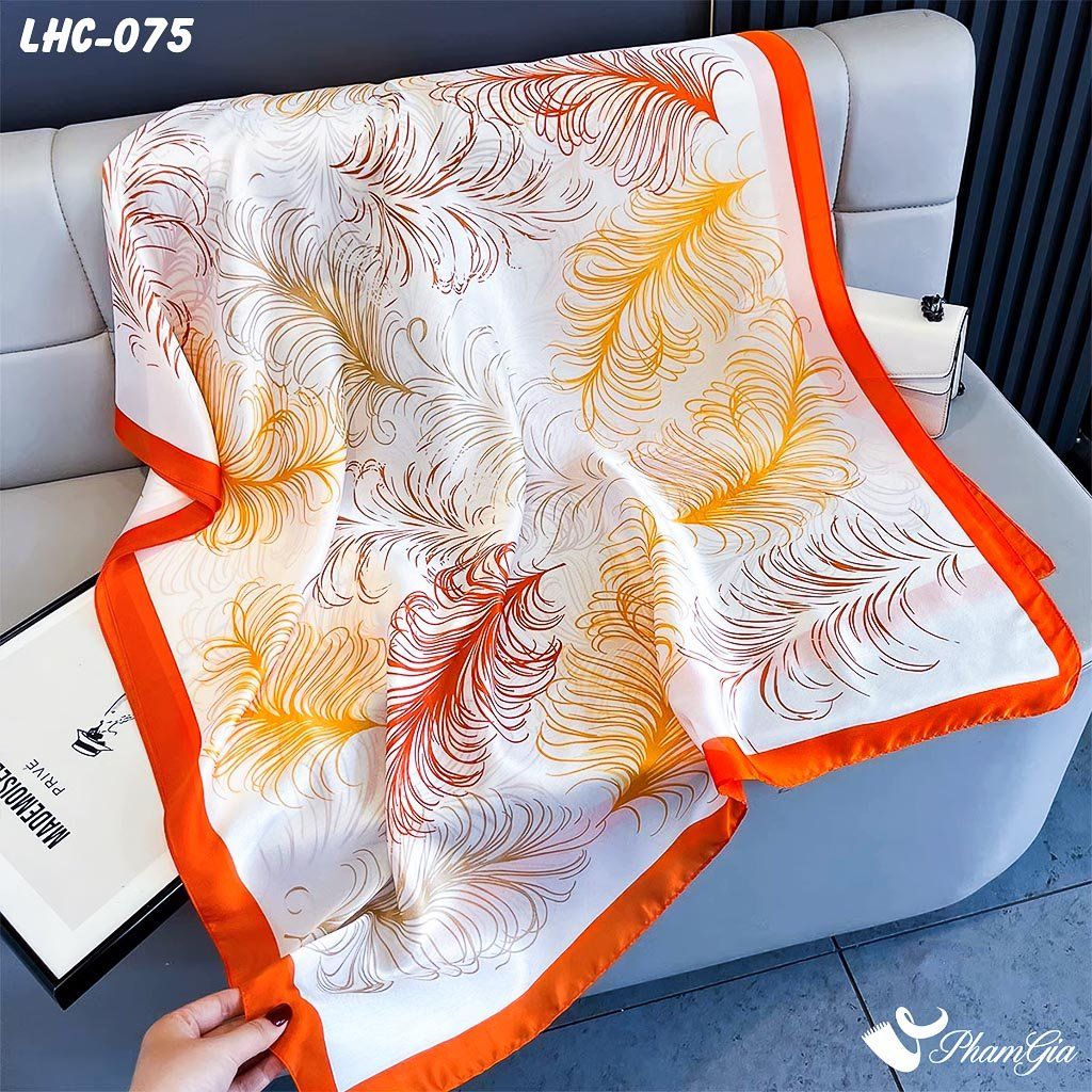 Khăn Choàng Lụa Hàng Châu Họa Tiết Lông Vũ Màu Cam Nổi Bật (LHC075)