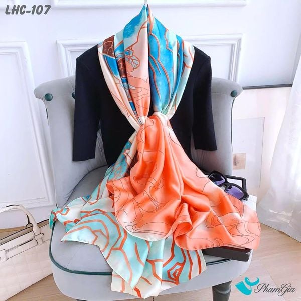 Khăn Choàng Lụa Hàng Châu Họa Tiết Sơn Thủy Màu Cam Quý Phái (LHC107)