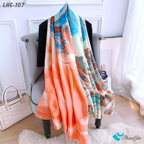 Góc Thẳng Khăn Choàng Lụa Hàng Châu Họa Tiết Sơn Thủy Màu Cam Quý Phái