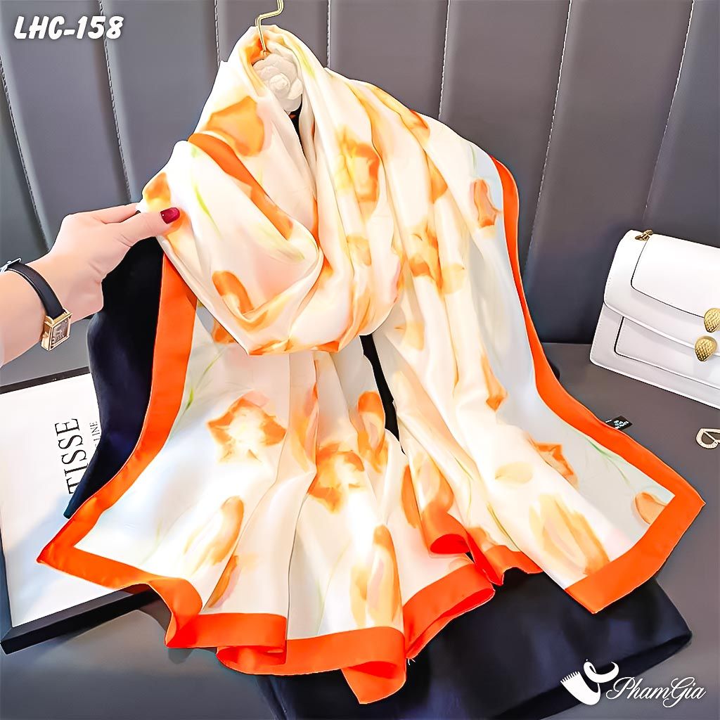 Khăn Choàng Lụa Hàng Châu Màu Cam Họa Tiết Hoa Tulip Thanh Lịch