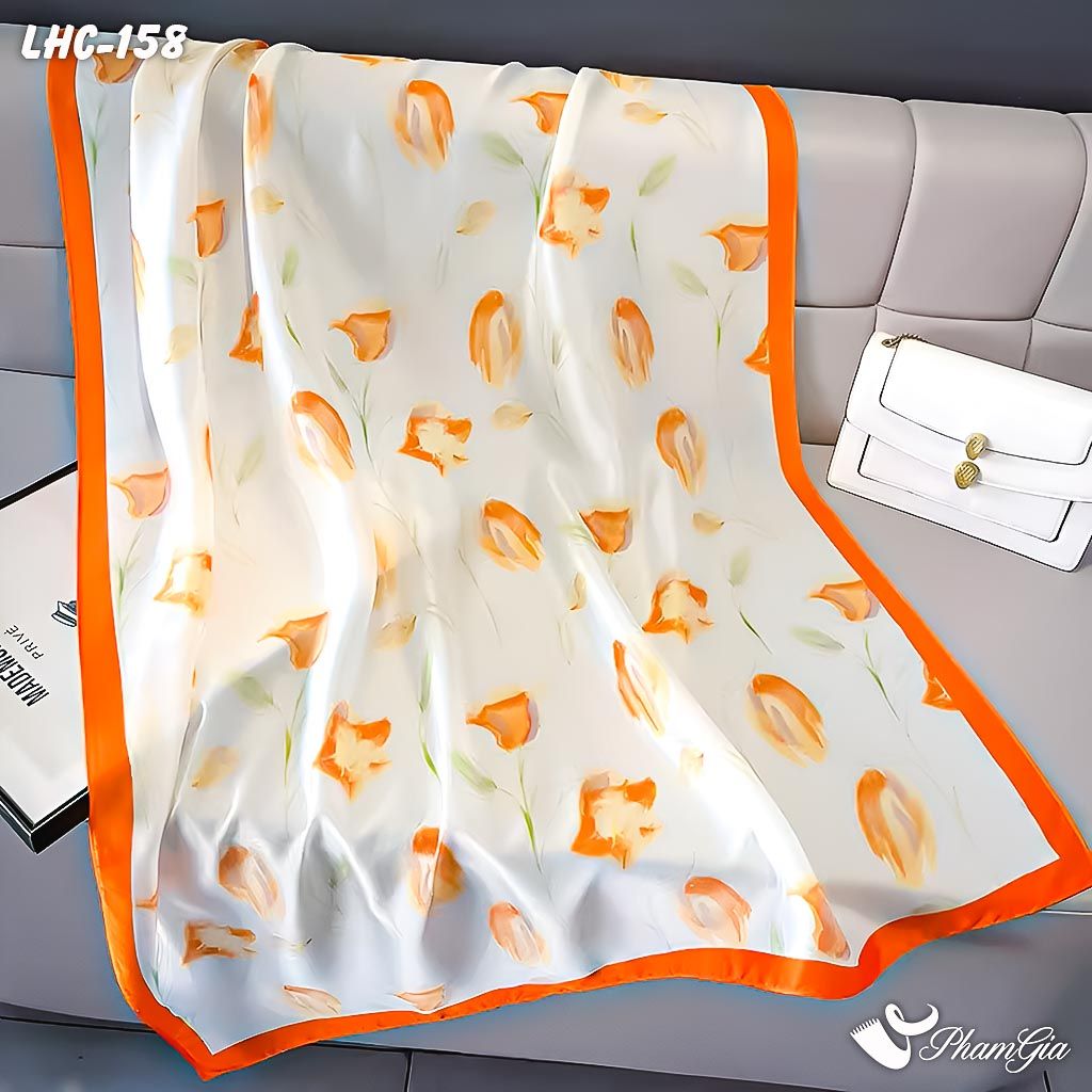 Cận Cảnh Khăn Choàng Lụa Hàng Châu Màu Cam Họa Tiết Hoa Tulip Thanh Lịch