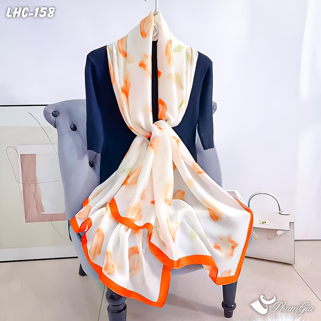 Góc Thẳng Khăn Choàng Lụa Hàng Châu Màu Cam Họa Tiết Hoa Tulip Thanh Lịch