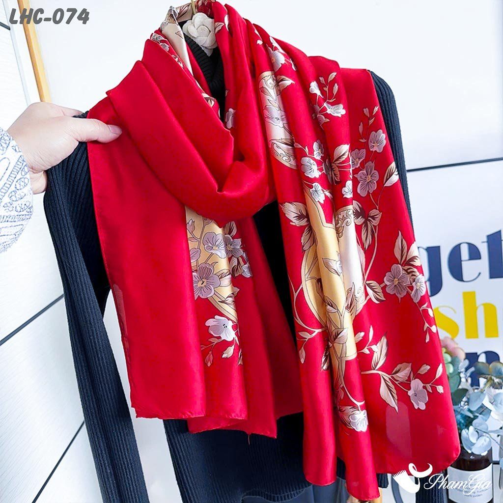 Khăn Choàng Lụa Hàng Châu Màu Đỏ Họa Tiết Hoa Dây Leo Rực Rỡ (LHC074)