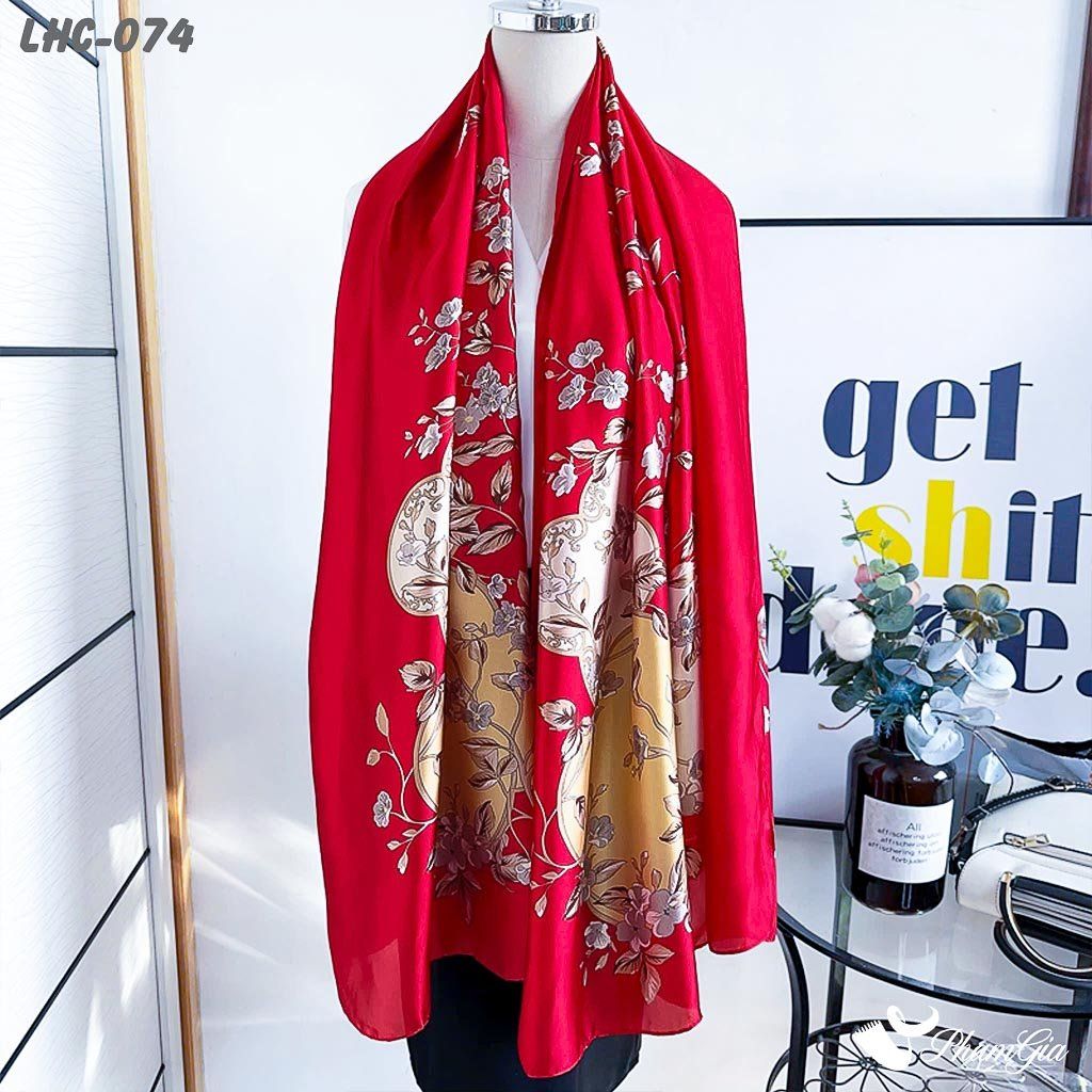 Khăn Choàng Lụa Hàng Châu Màu Đỏ Họa Tiết Hoa Dây Leo Rực Rỡ (LHC074)