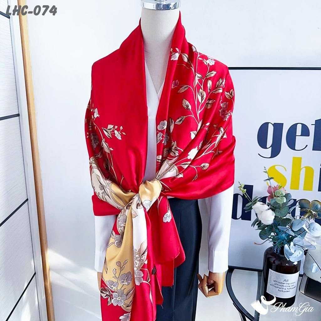 Khăn Choàng Lụa Hàng Châu Màu Đỏ Họa Tiết Hoa Dây Leo Rực Rỡ (LHC074)