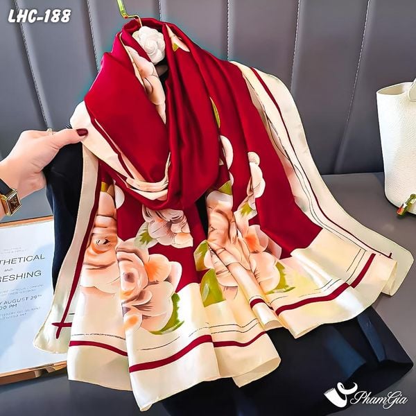 Khăn Choàng Lụa Hàng Châu Màu Đỏ Ruby Họa Tiết Hoa Hồng Kiêu Sa (LHC188)