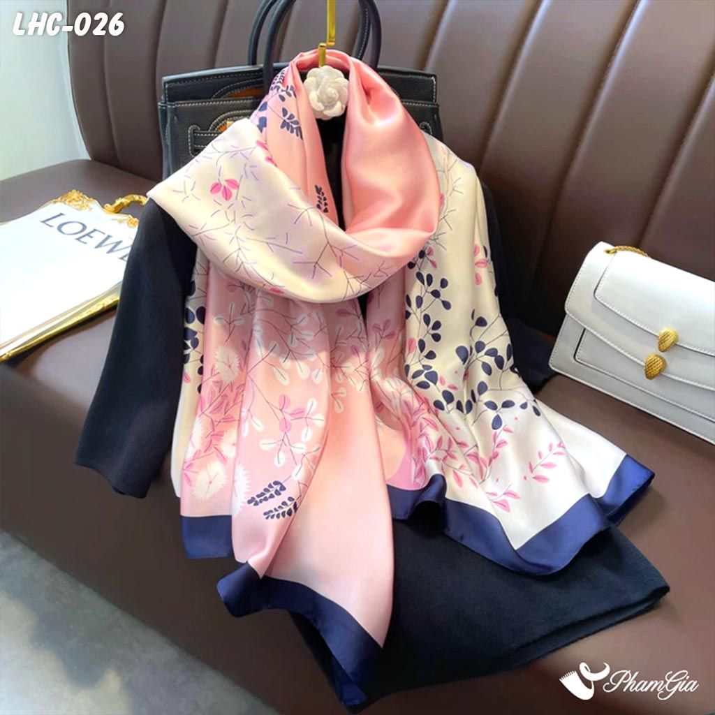Khăn Choàng Lụa Hàng Châu Màu Hồng Baby Họa Tiết Hoa Lá Thanh Lịch