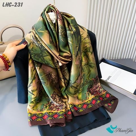 Khăn Choàng Lụa Hàng Châu Màu Nâu Rêu Họa Tiết Trúc Mai Quý Phái