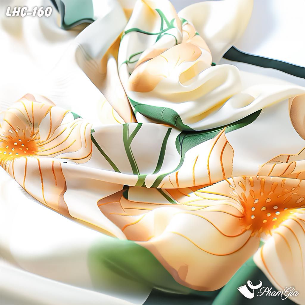 Cận Cảnh Khăn Choàng Lụa Hàng Châu Màu Trắng Họa Tiết Hoa Lily Vàng Tinh Tế