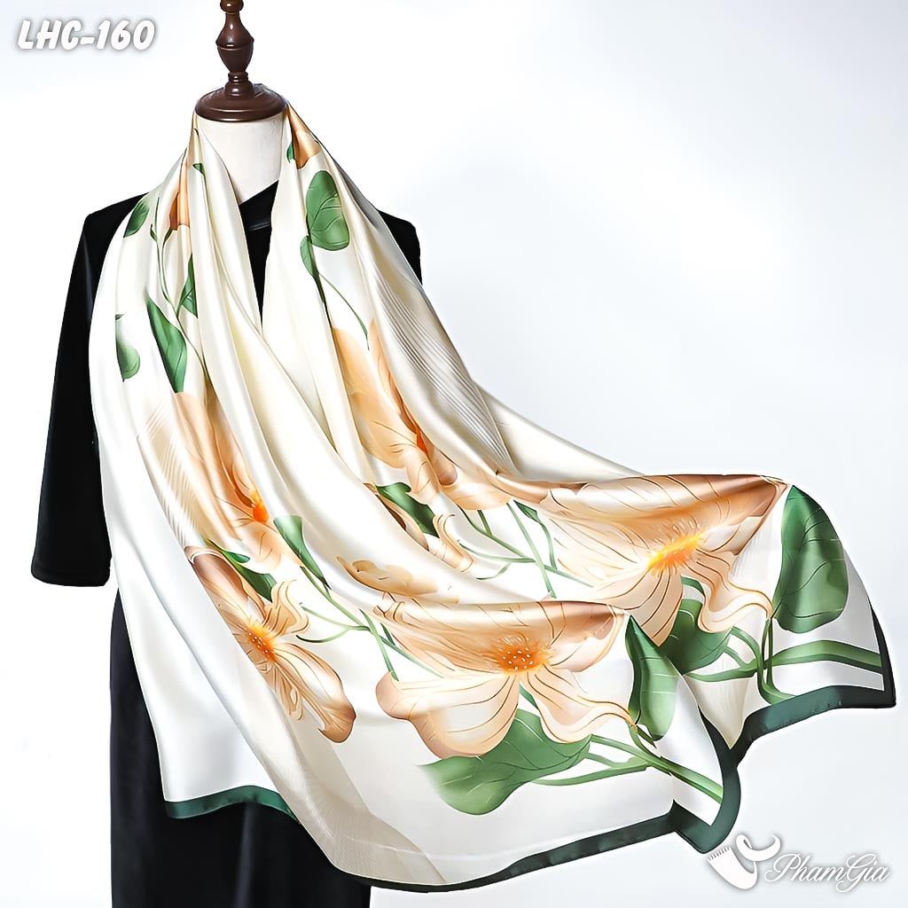 Mẫu Mannequin Khăn Choàng Lụa Hàng Châu Màu Trắng Họa Tiết Hoa Lily Vàng Tinh Tế