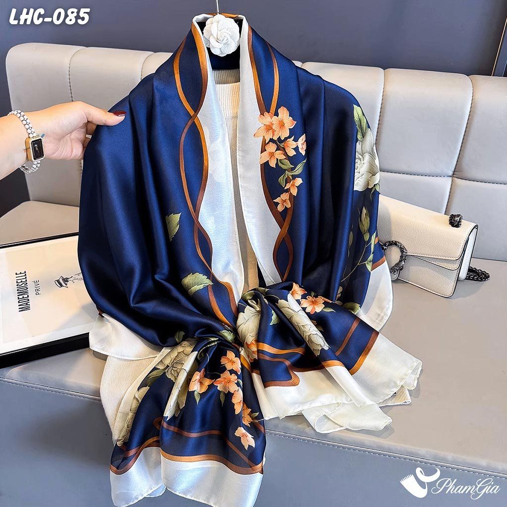 Khăn Choàng Lụa Hàng Châu Màu Xanh Navy Họa Tiết Hoa Hồng Quý Phái (LHC085)