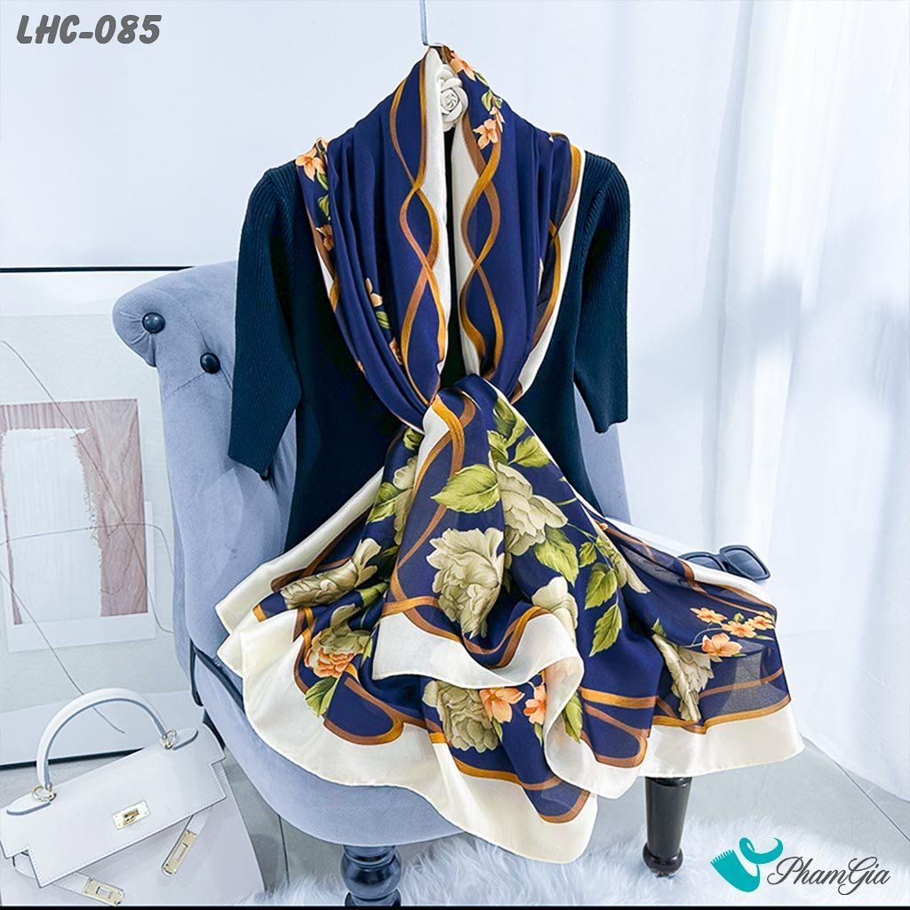 Khăn Choàng Lụa Hàng Châu Màu Xanh Navy Họa Tiết Hoa Hồng Quý Phái (LHC085)