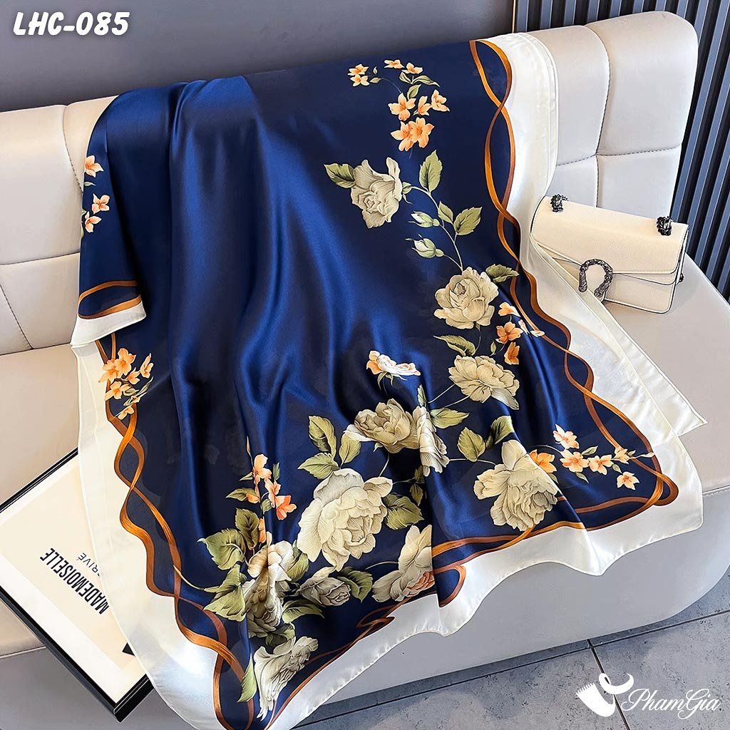 Khăn Choàng Lụa Hàng Châu Màu Xanh Navy Họa Tiết Hoa Hồng Quý Phái (LHC085)
