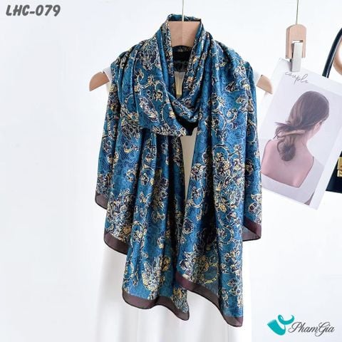 Khăn Choàng Lụa Hàng Châu Màu Xanh Navy Họa Tiết Hoa Lá Cổ Điển (LHC079)
