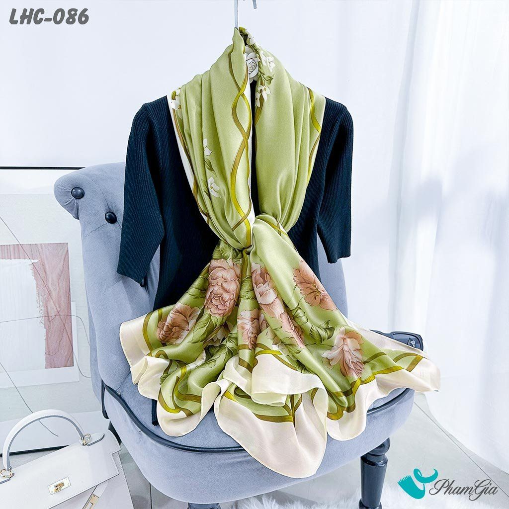 Khăn Choàng Lụa Hàng Châu Màu Xanh Rêu Họa Tiết Hoa Hồng Quý Phái (LHC086)