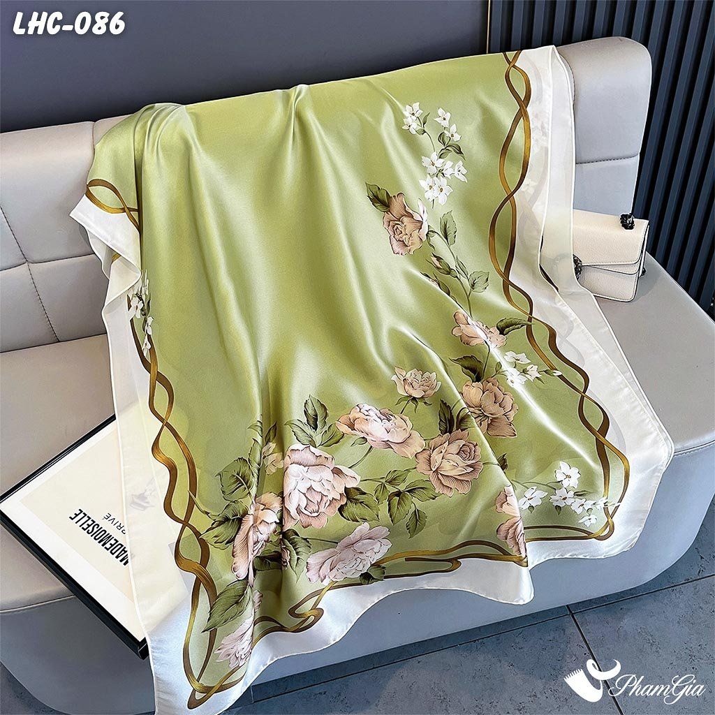 Khăn Choàng Lụa Hàng Châu Màu Xanh Rêu Họa Tiết Hoa Hồng Quý Phái (LHC086)