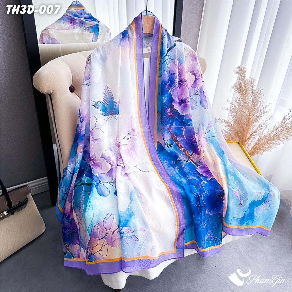 Khăn Choàng Tằm Hoa 3D Cao Cấp Họa Tiết Hoa Mộc Lan Tím (TH3D007)
