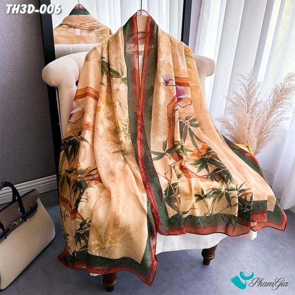 Khăn Choàng Tằm Hoa 3D Cao Cấp Họa Tiết Trúc Hoa Mộc Lan (TH3D006)