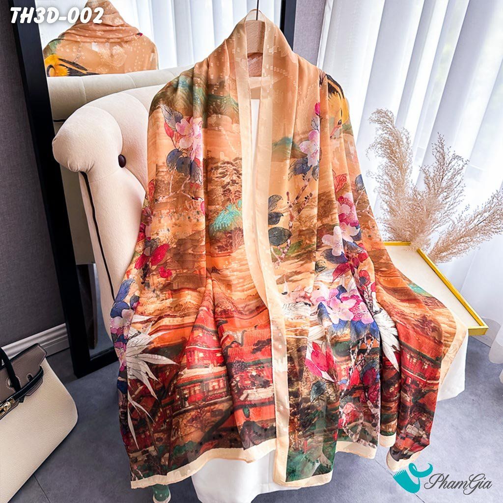 Khăn Choàng Tằm Hoa 3D Cao Cấp Họa Tiết Xuân Đào Cổ Trấn (TH3D002)