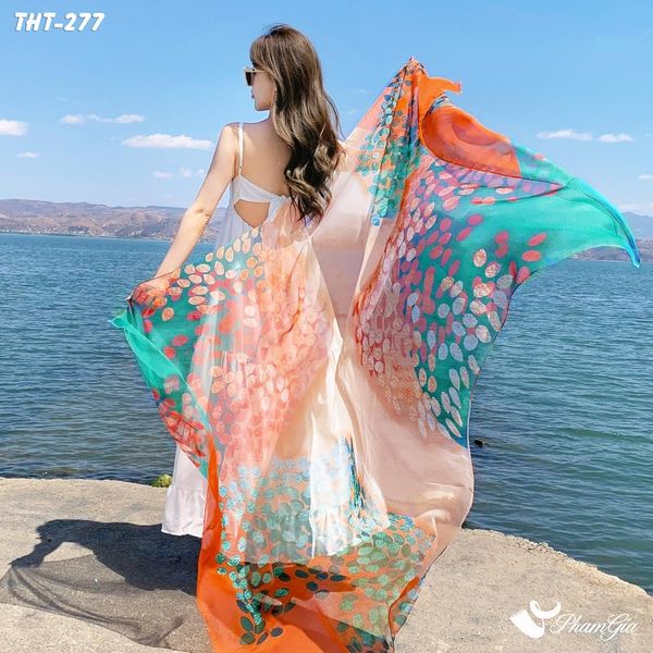 Khăn Choàng Tằm Họa Tiết Cây Lá Phối Màu Cam Xanh Ấn Tượng (THT277)