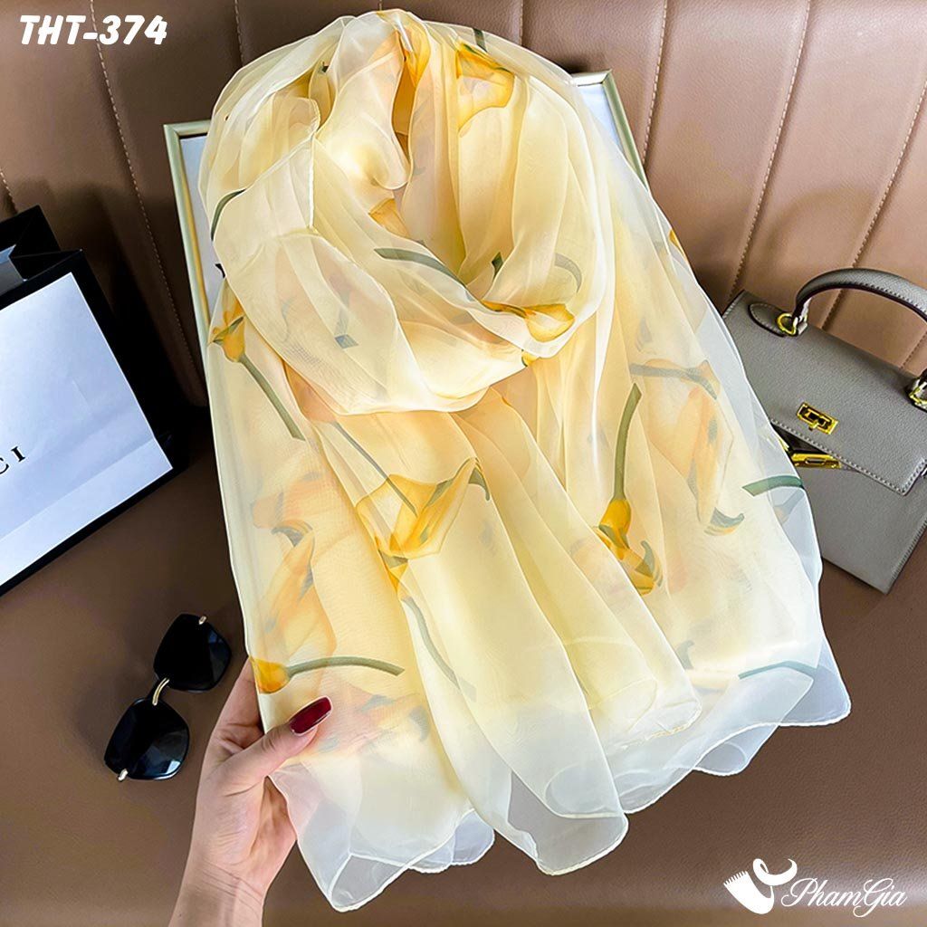 Khăn Choàng Tằm Họa Tiết Hoa Calla Lily Màu Vàng Thanh Lịch (THT374)