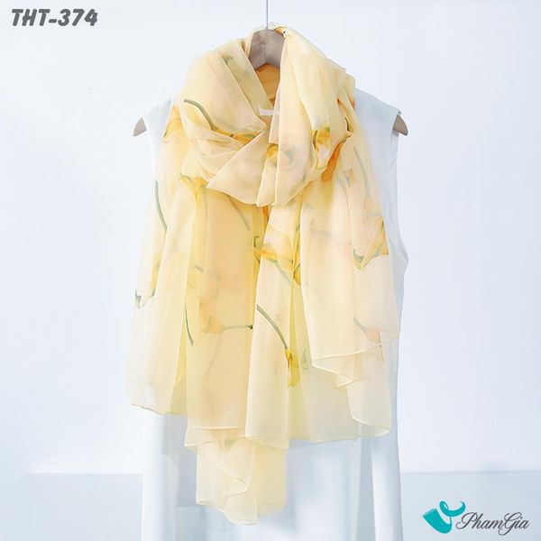 Khăn Choàng Tằm Họa Tiết Hoa Calla Lily Màu Vàng Thanh Lịch (THT374)