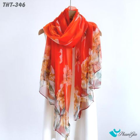 Góc Chính Diện Khăn Choàng Tằm Họa Tiết Hoa Hồng Màu Cam Cháy Rực Rỡ