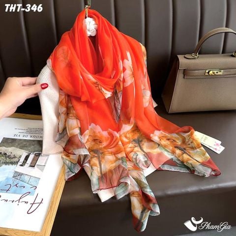 Khăn Choàng Tằm Họa Tiết Hoa Hồng Màu Cam Cháy Rực Rỡ