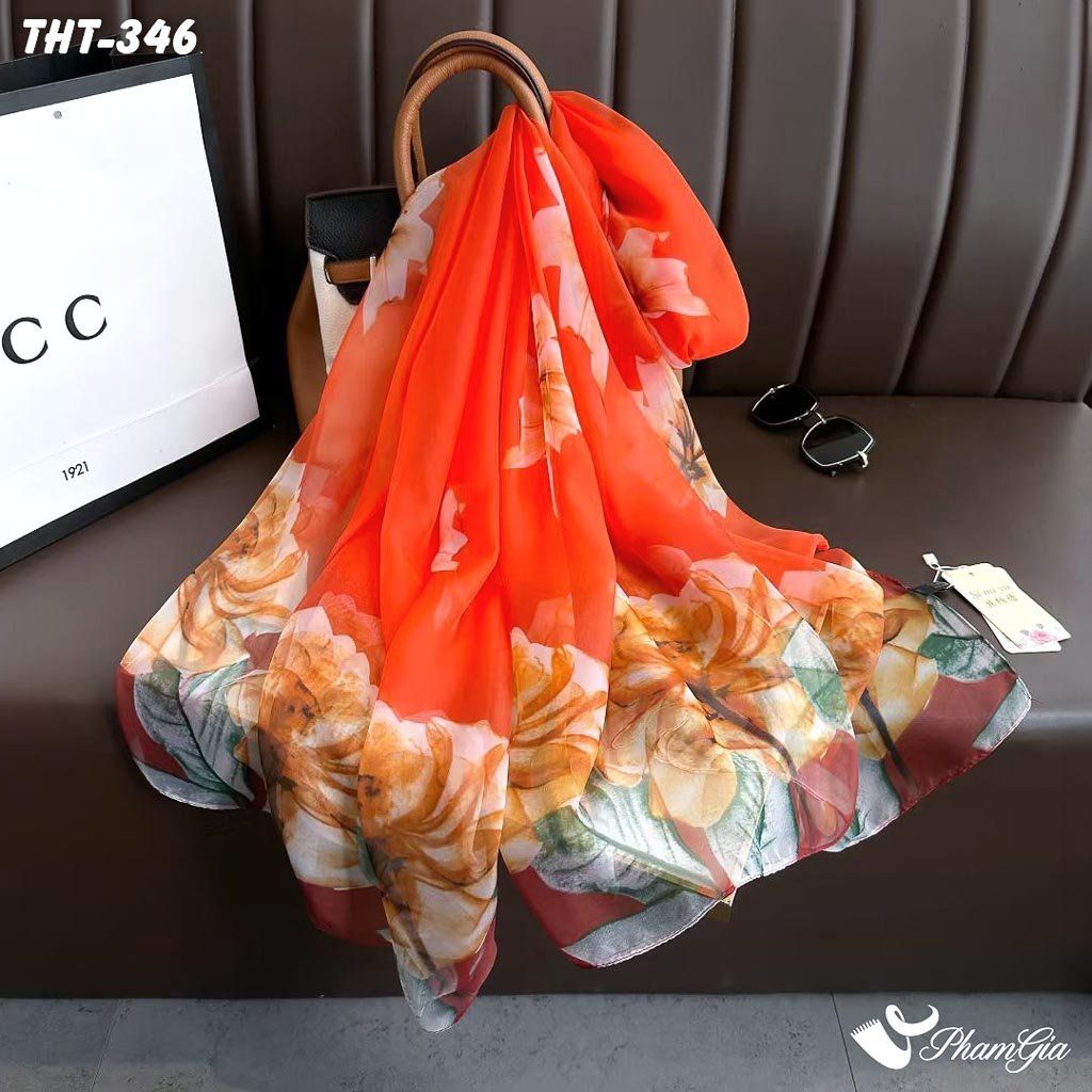 Góc Thẳng Khăn Choàng Tằm Họa Tiết Hoa Hồng Màu Cam Cháy Rực Rỡ