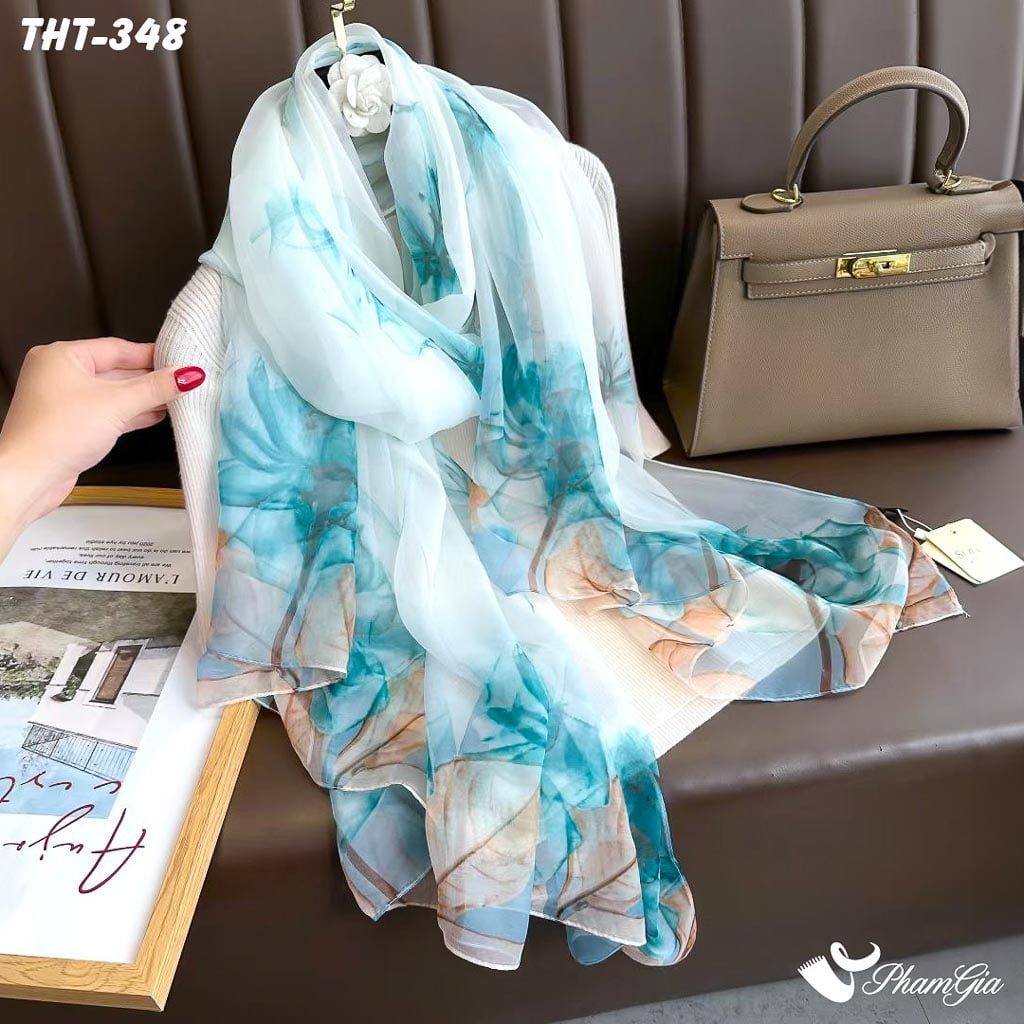 Khăn Choàng Tằm Họa Tiết Hoa Hồng Màu Xanh Baby Thanh Lịch