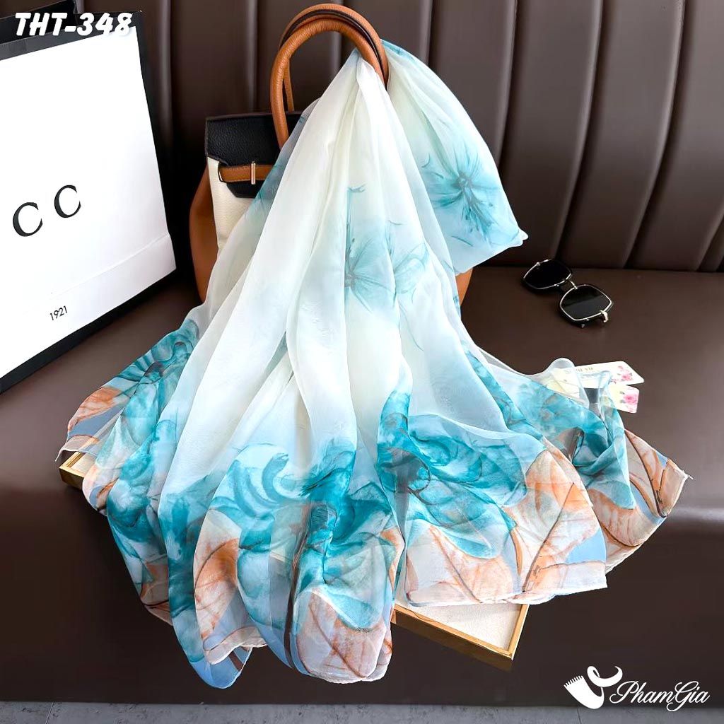 Góc Thẳng Khăn Choàng Tằm Họa Tiết Hoa Hồng Màu Xanh Baby Thanh Lịch