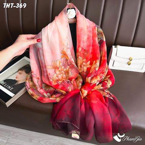 Góc Nghiêng Khăn Choàng Tằm Họa Tiết Hoa Mẫu Đơn Màu Đỏ Ombre Sang Trọng
