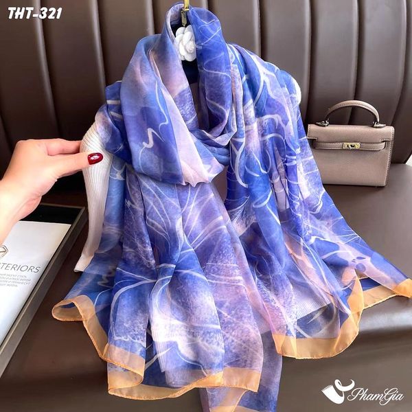 Khăn Choàng Tằm Họa Tiết Hoa Mẫu Đơn Màu Xanh Tím Trang Nhã (THT321)