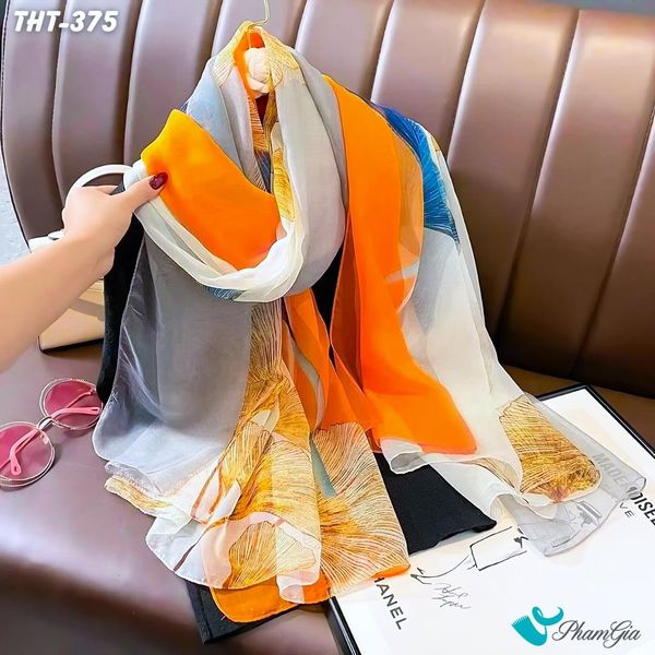 Khăn Choàng Tằm Họa Tiết Hoa Rẻ Quạt Phối Màu Vàng Xanh Sang Trọng (THT375)