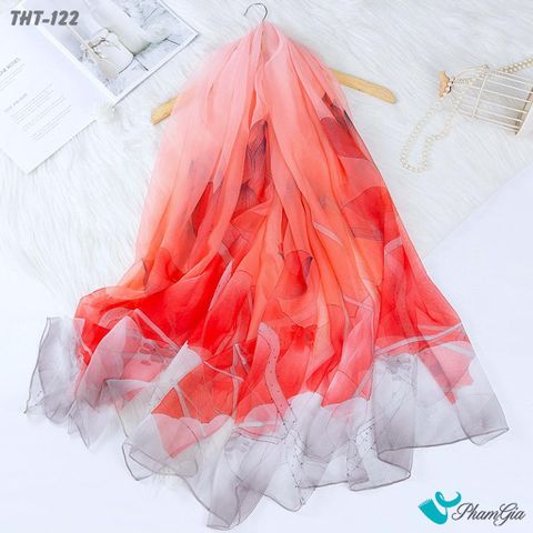 Góc Trên Khăn Choàng Tằm Họa Tiết Hoa Sen Màu Đỏ Trang Nhã