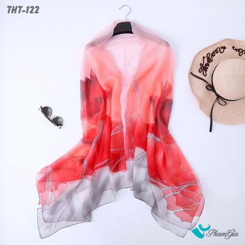 Khăn Choàng Tằm Họa Tiết Hoa Sen Màu Đỏ Trang Nhã