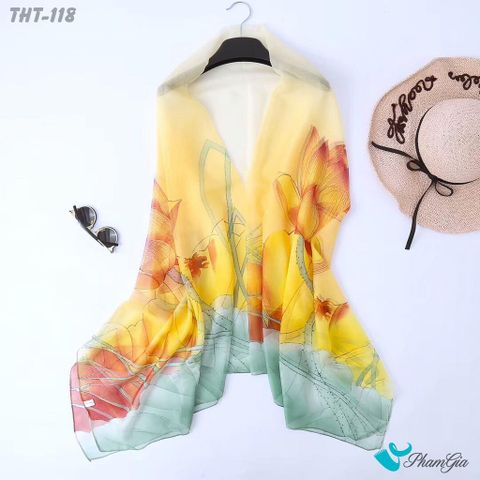 Khăn Choàng Tằm Họa Tiết Hoa Sen Màu Vàng Trang Nhã