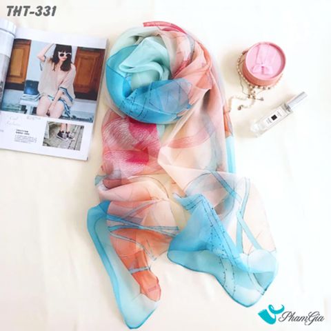 Góc Thẳng Khăn Choàng Tằm Họa Tiết Hoa Sen Màu Xanh Baby Thanh Lịch