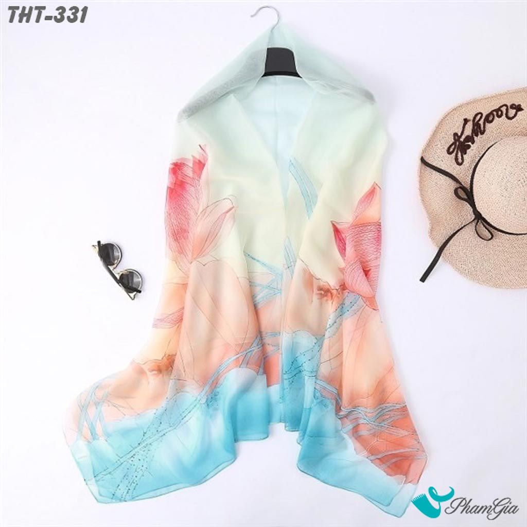 Khăn Choàng Tằm Họa Tiết Hoa Sen Màu Xanh Baby Thanh Lịch