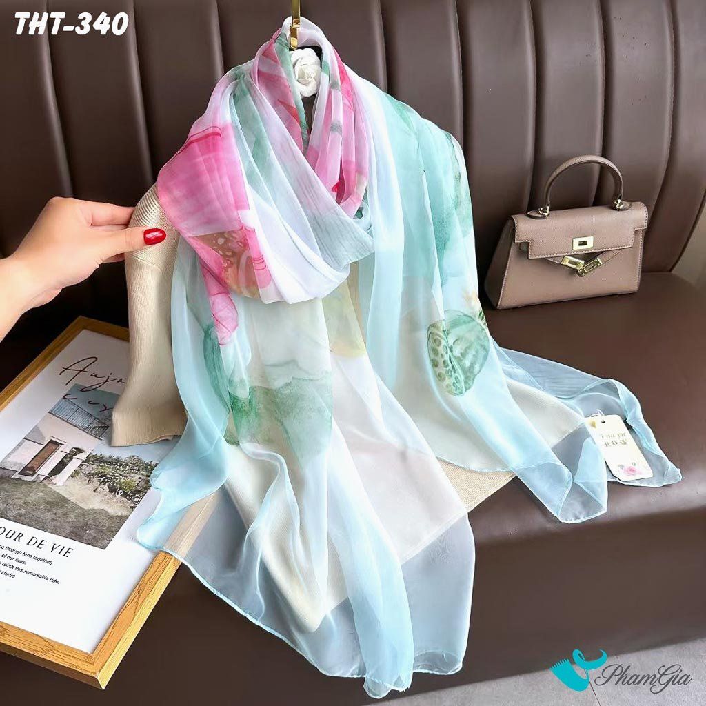 Khăn Choàng Tằm Họa Tiết Hoa Sen Màu Xanh Mint Thanh Lịch