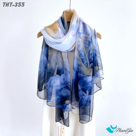 Góc Chính Diện Khăn Choàng Tằm Họa Tiết Hoa Sen Màu Xanh Navy Sang Trọng