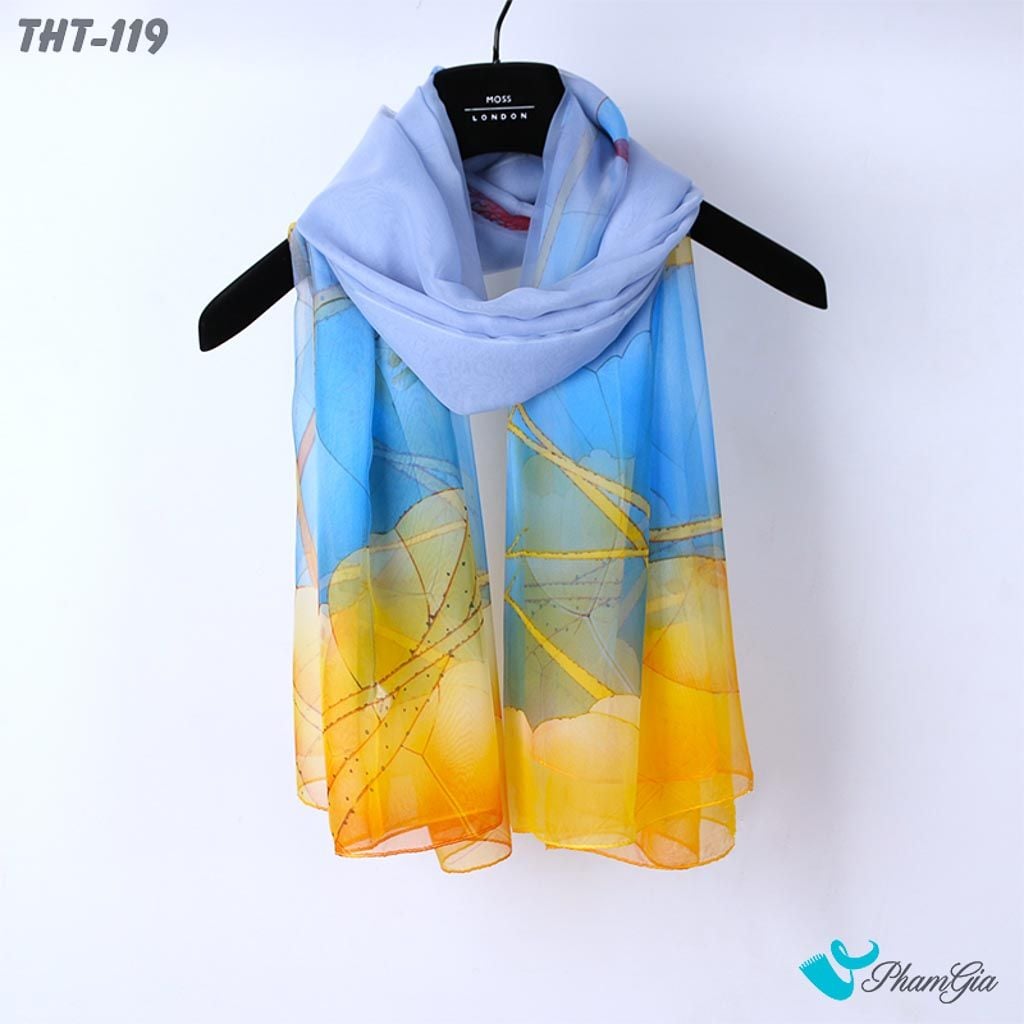 Góc Thẳng Khăn Choàng Tằm Họa Tiết Hoa Sen Màu Xanh Trang Nhã