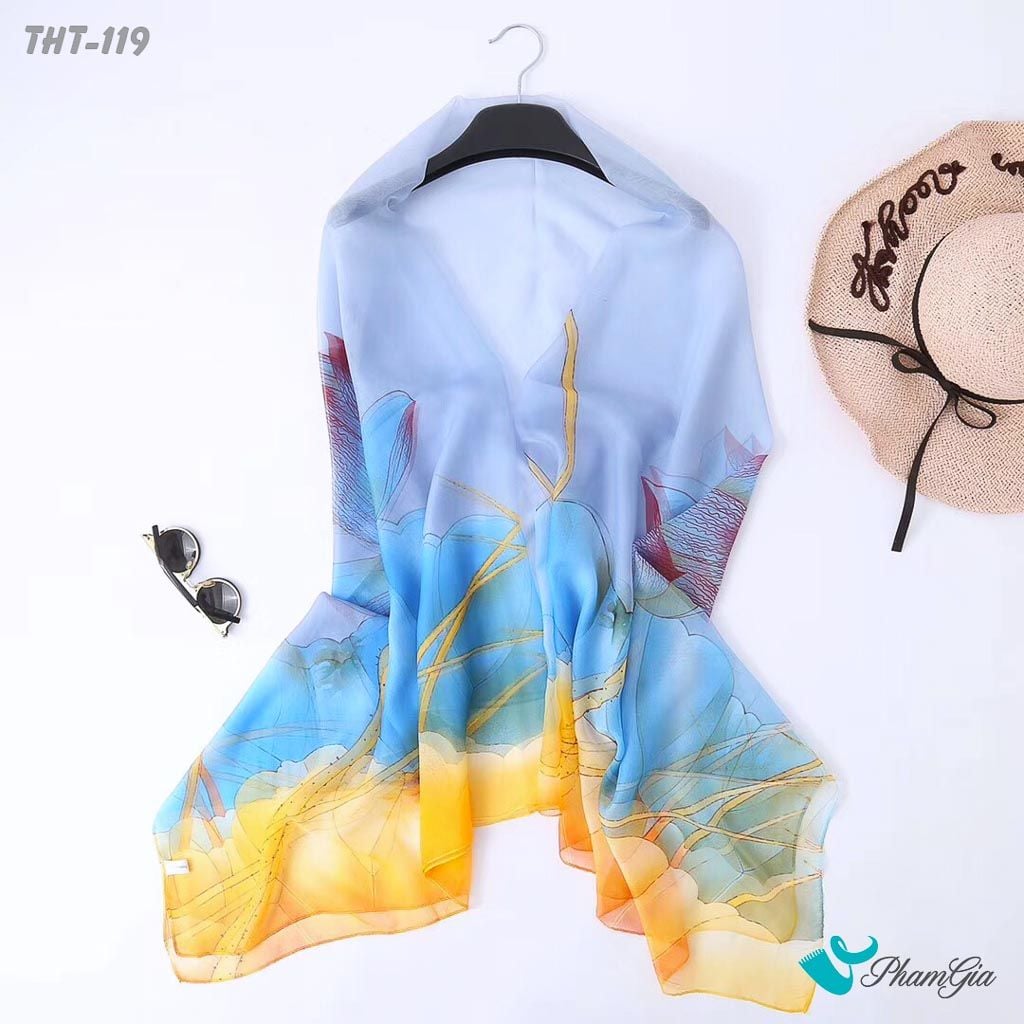 Khăn Choàng Tằm Họa Tiết Hoa Sen Màu Xanh Trang Nhã